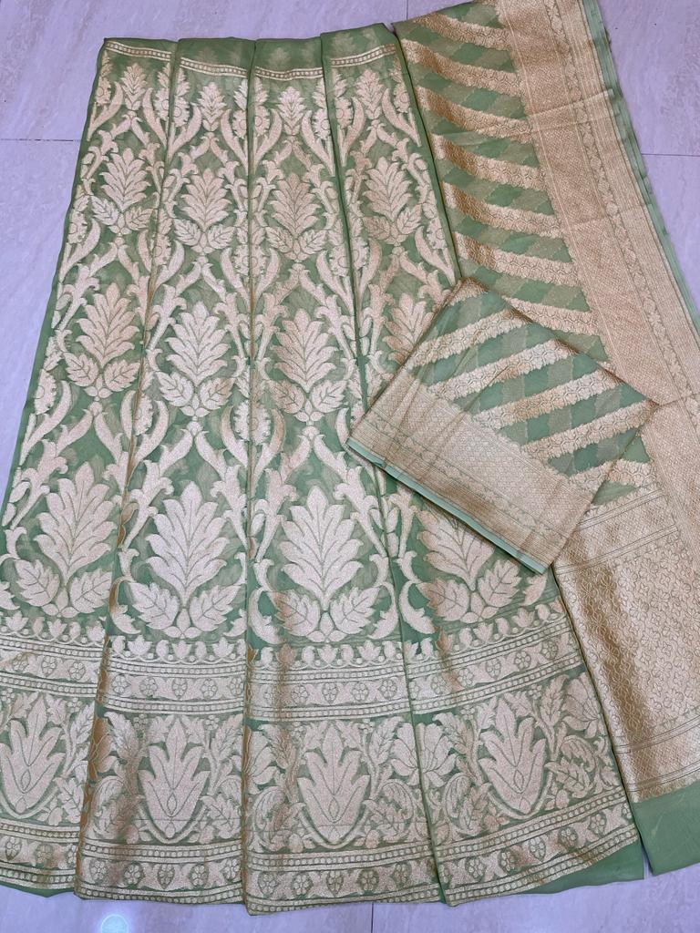 Pista Pure Khaddi Georgette Handloom Banarasi Lehenga - Stitched - The Handlooms