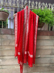 Pure Georgette Dupatta - Red silver zari - The Handlooms