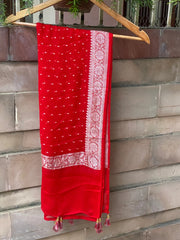 Pure Georgette Dupatta - Red silver zari - The Handlooms