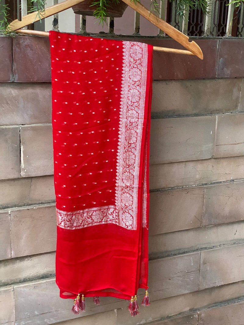 Pure Georgette Dupatta - Red silver zari - The Handlooms