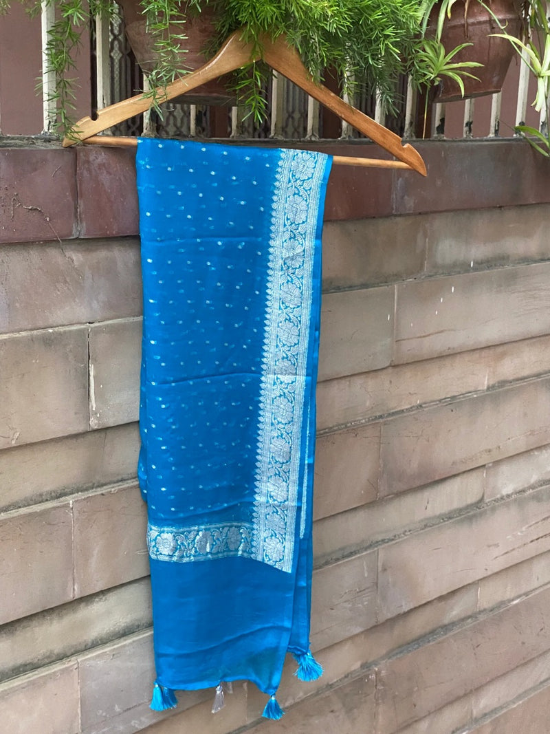 Pure Georgette Dupatta - Azure blue silver zari - The Handlooms