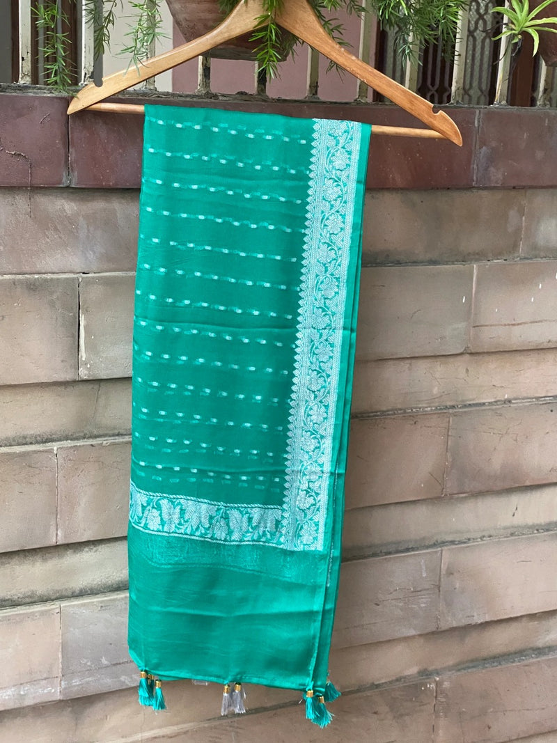 Pure Georgette Dupatta -pine green silver zari - The Handlooms