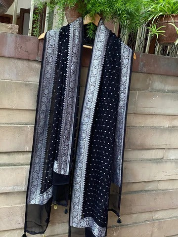 Pure Georgette Dupatta - black silver zari - The Handlooms