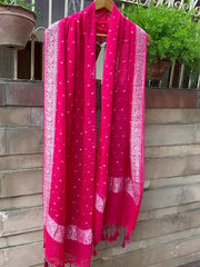 Pure Georgette Dupatta - Ruby pink silver zari - The Handlooms