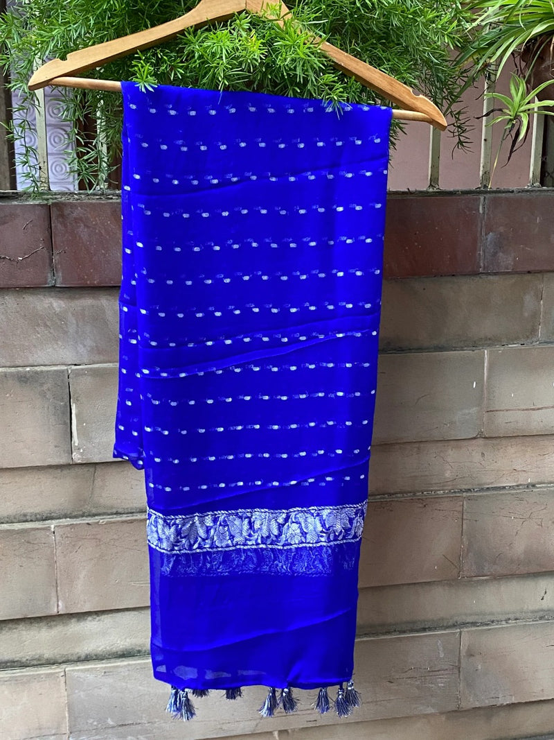 Pure Georgette Dupatta - blue silver zari - The Handlooms