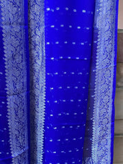 Pure Georgette Dupatta - blue silver zari - The Handlooms