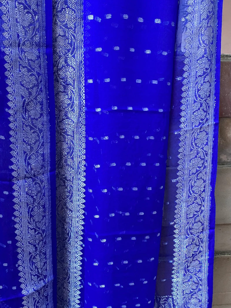 Pure Georgette Dupatta - blue silver zari - The Handlooms