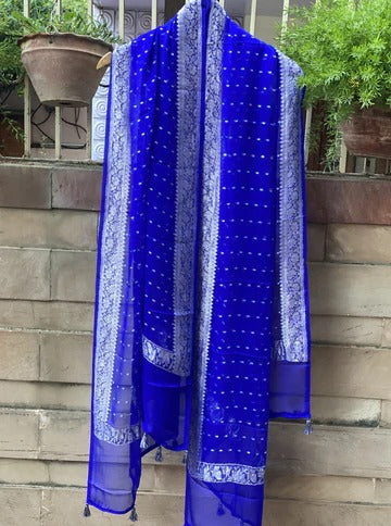 Pure Georgette Dupatta - blue silver zari - The Handlooms