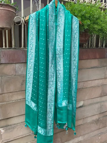 Pure Georgette Dupatta -pine green silver zari - The Handlooms