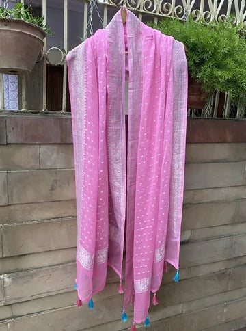 Pure Georgette Dupatta - taffy pink silver zari - The Handlooms