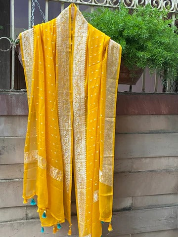 Pure Georgette Dupatta - Amber orange silver zari - The Handlooms
