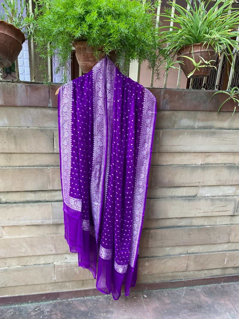 Pure Georgette Dupatta - grape violet silver zari - The Handlooms