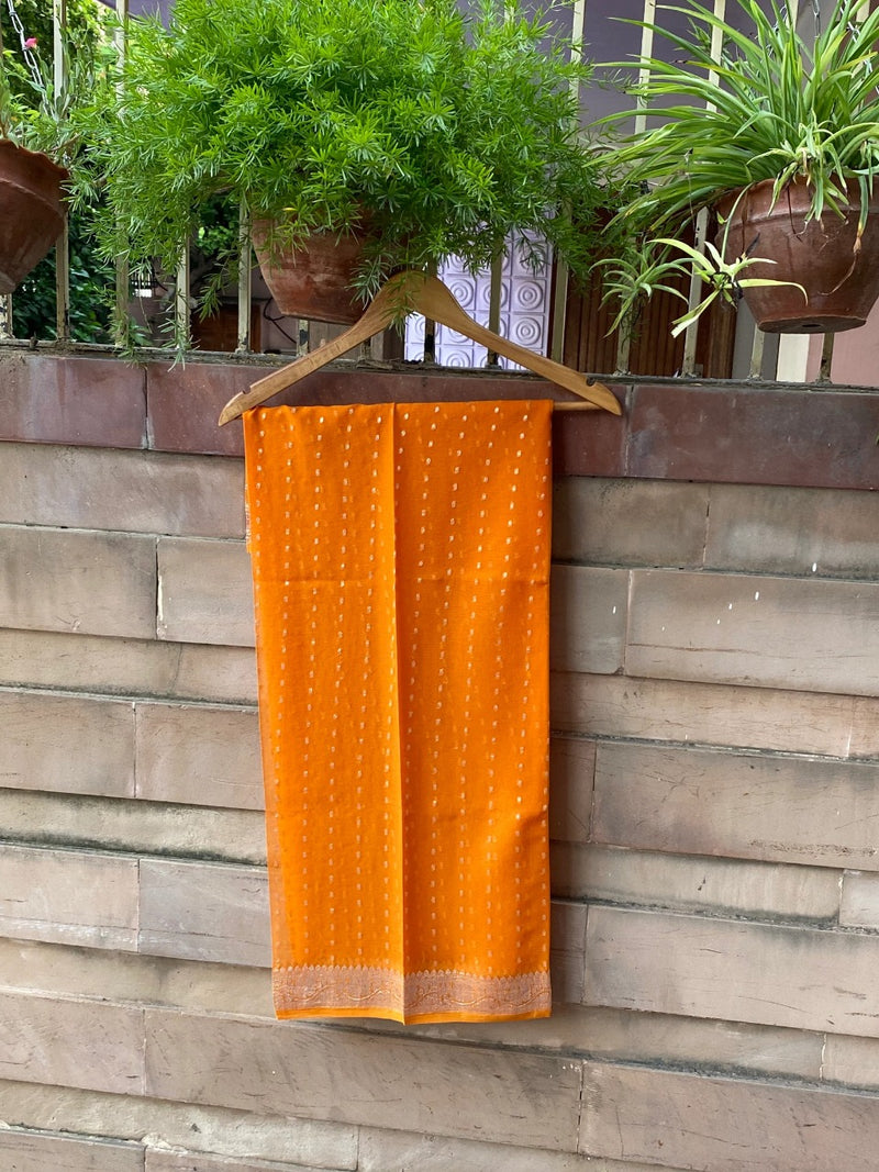 Pure Georgette Dupatta - Pumpkin orange silver zari - The Handlooms