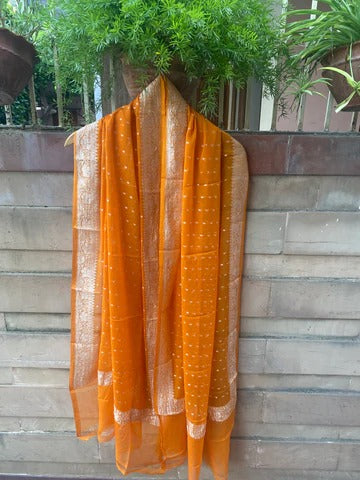 Pure Georgette Dupatta - Pumpkin orange silver zari - The Handlooms