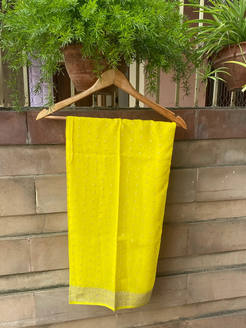 Pure Georgette Dupatta - Lemon yellow silver zari - The Handlooms