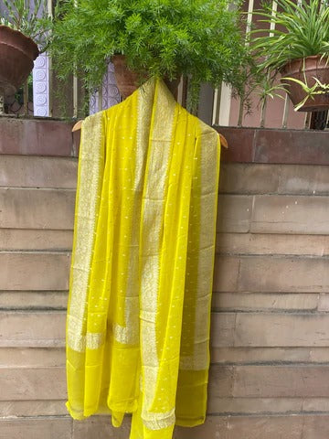 Pure Georgette Dupatta - Lemon yellow silver zari - The Handlooms