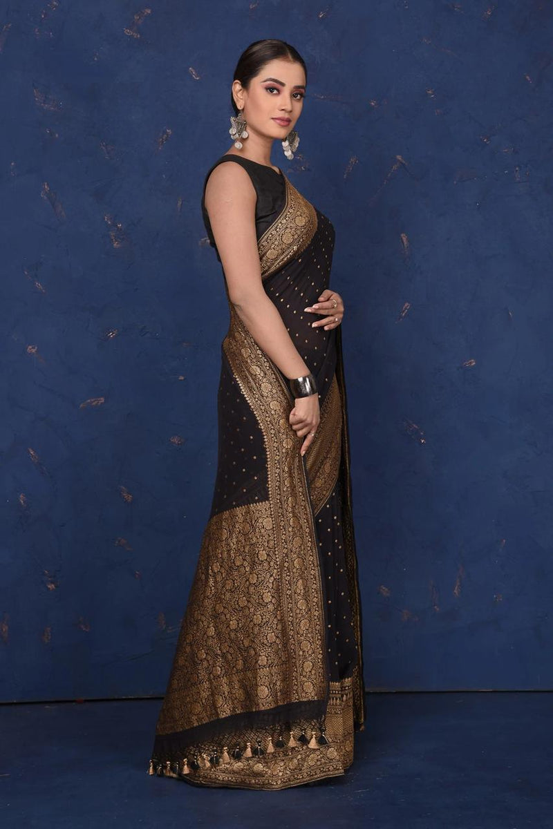 Black Khaddi Georgette Banarasi Saree -  Antique zari - The Handlooms