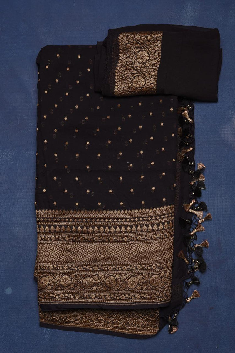 Black Khaddi Georgette Banarasi Saree -  Antique zari - The Handlooms