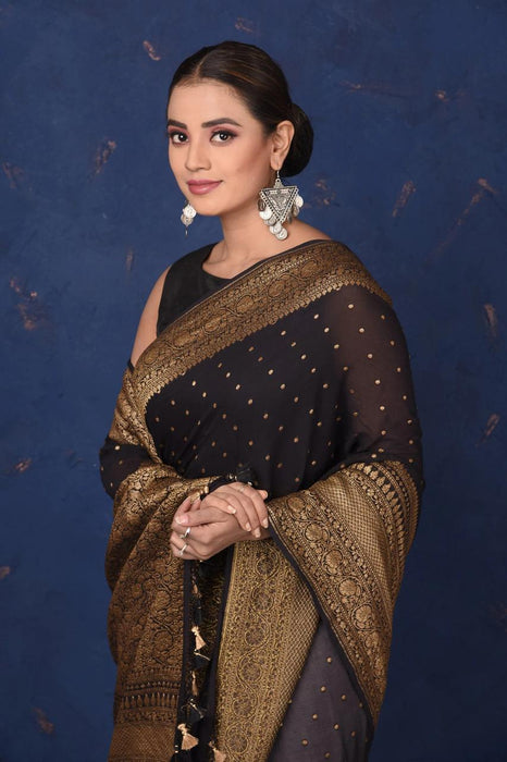Black Khaddi Georgette Banarasi Saree -  Antique zari - The Handlooms