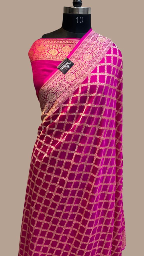 Khaddi Georgette Handloom Banarasi Saree - Gold Zari - The Handlooms