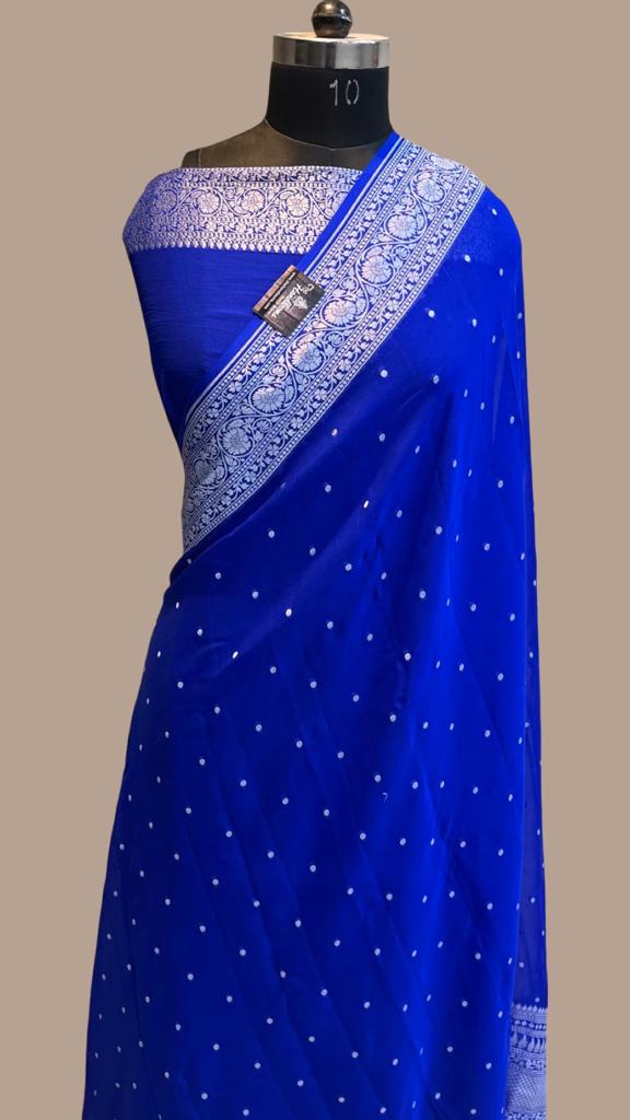 Pure Georgette Banarasi Saree - silver zari - The Handlooms