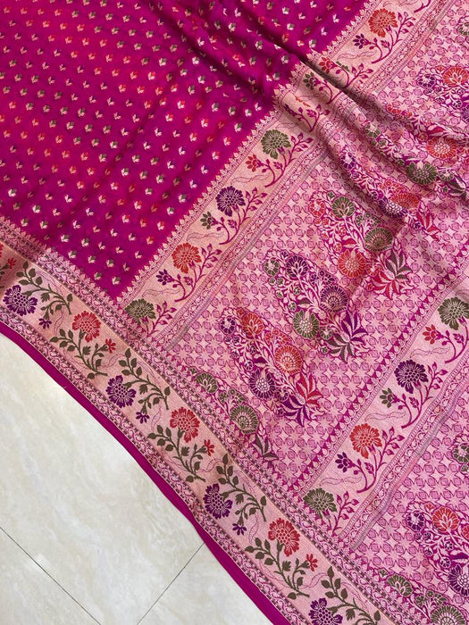 Hot Pink Pure Chiffon Khaddi Banarasi Saree — The Handlooms