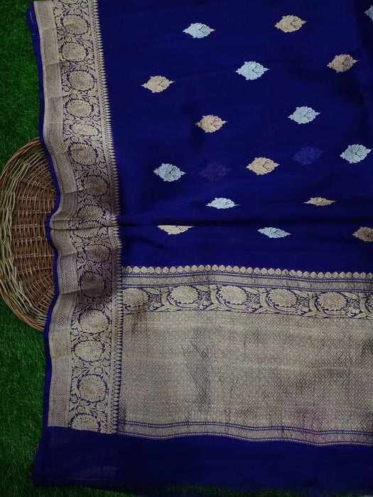 Pure Kora Handloom Banarasi Saree - Royal Blue - The Handlooms