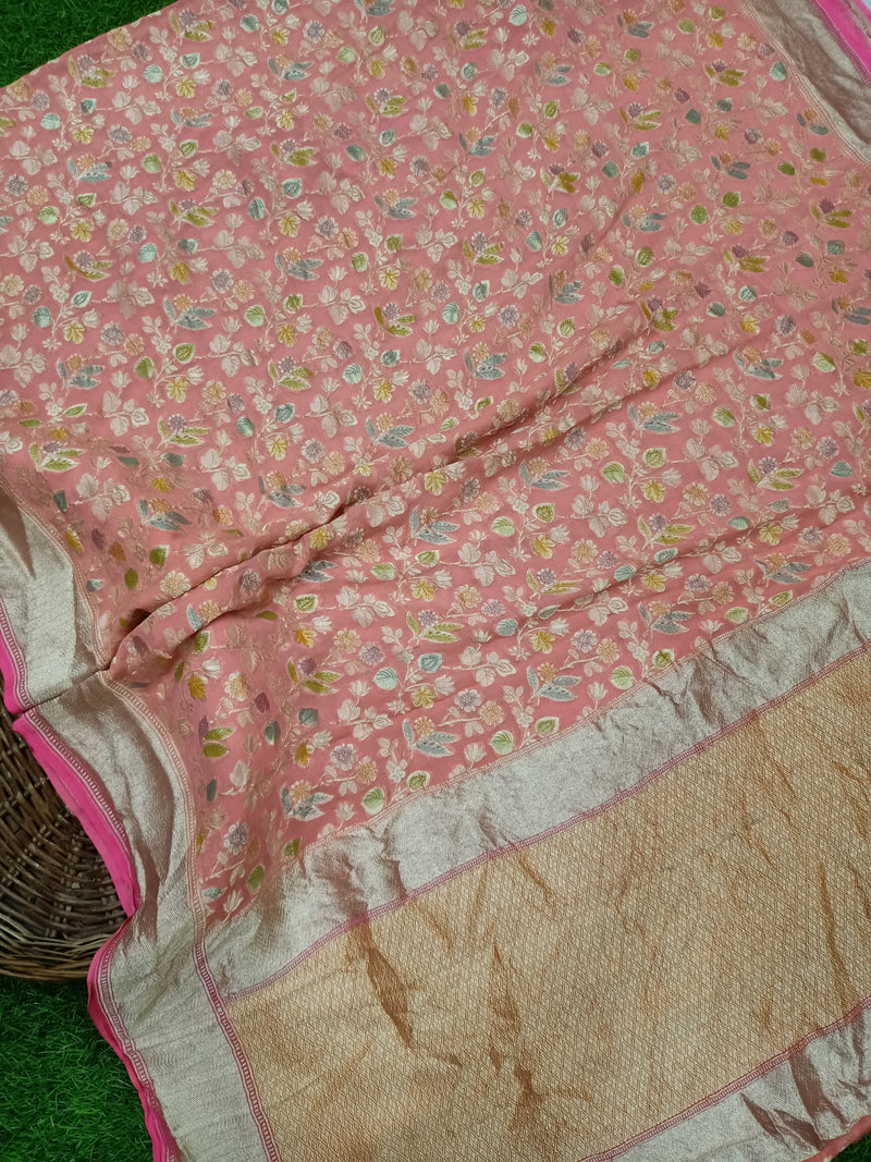 Peach Khaddi Georgette Handloom Banarasi Saree - The Handlooms