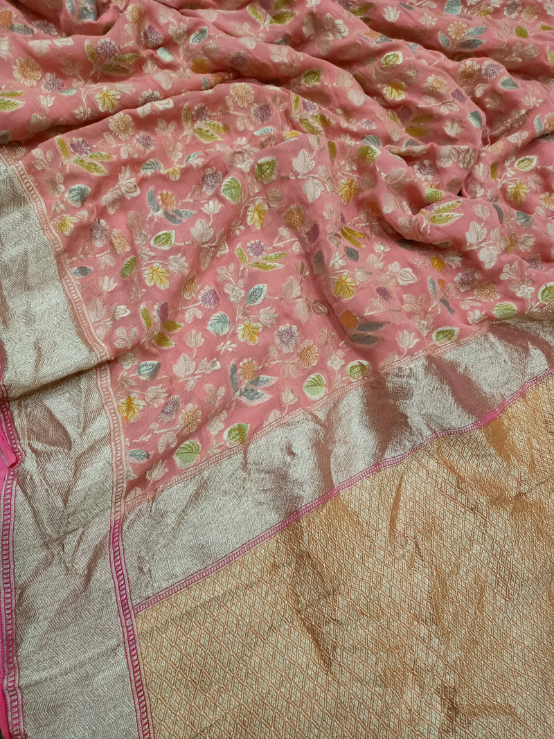 Peach Khaddi Georgette Handloom Banarasi Saree - The Handlooms