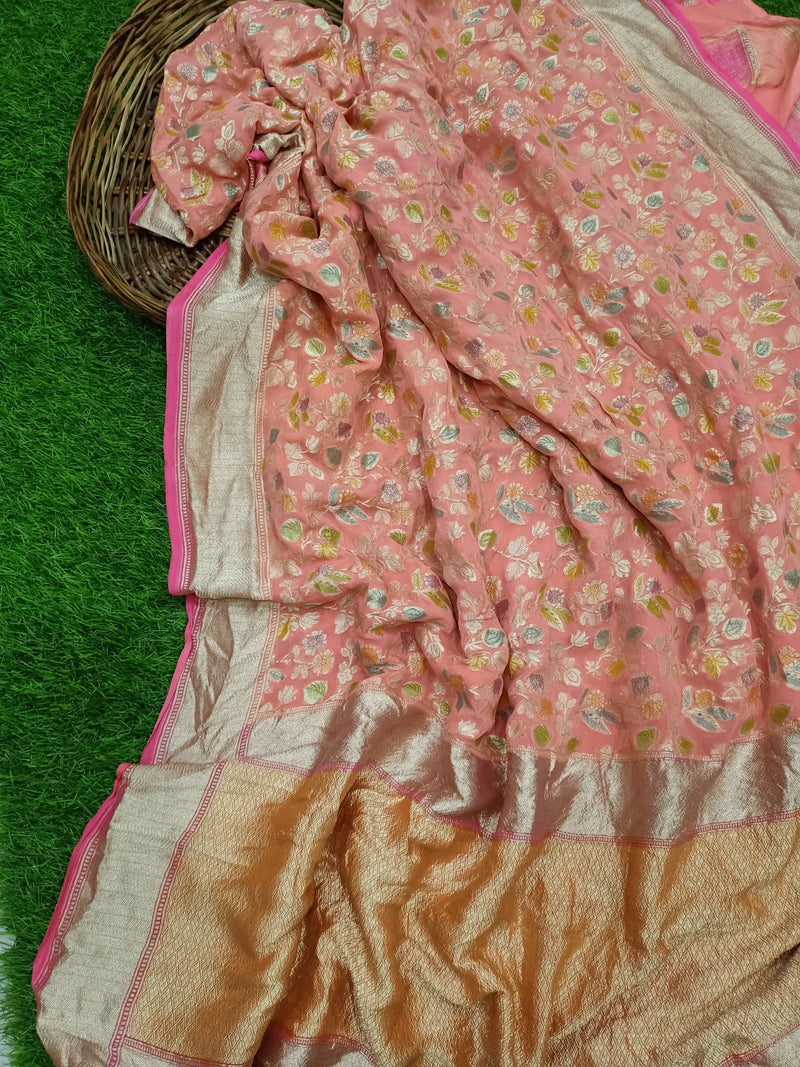 Peach Khaddi Georgette Handloom Banarasi Saree - The Handlooms