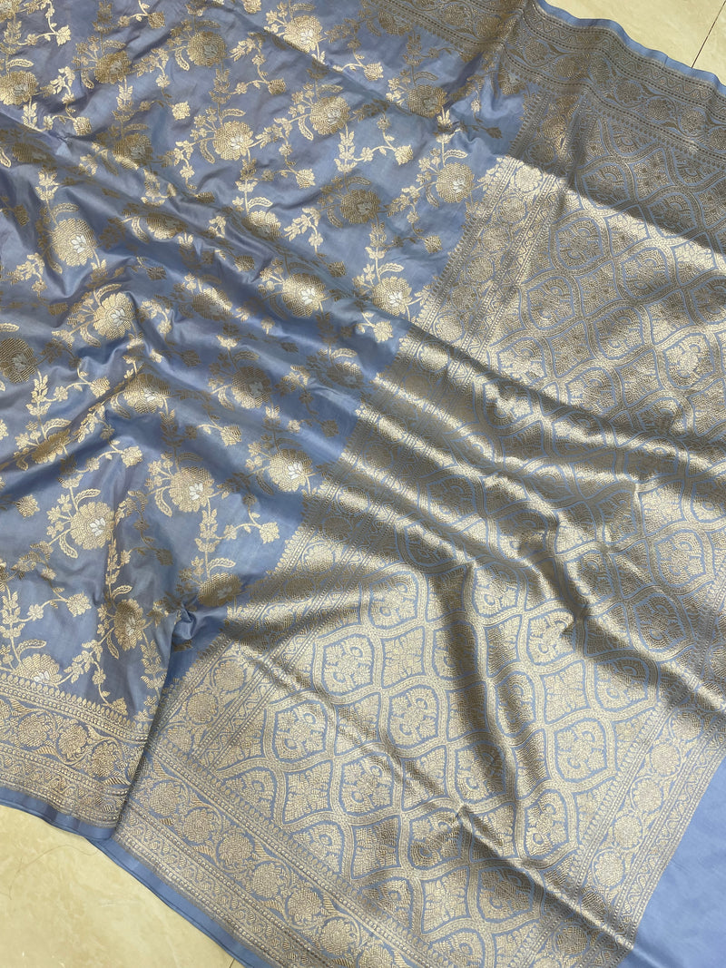 Pure Katan Silk Banarasi Handloom Saree - All over Sona Roopa Jaal work - The Handlooms