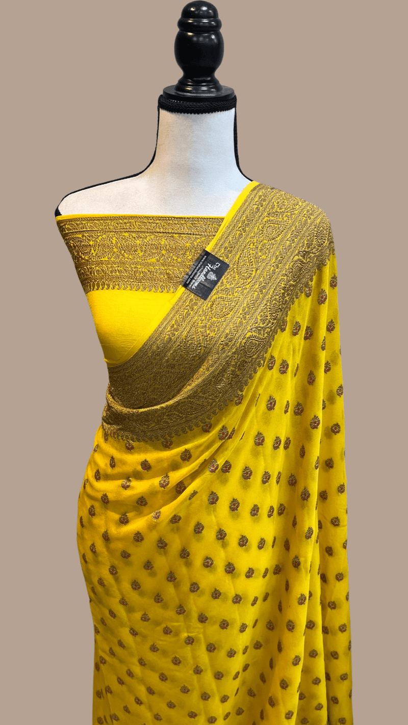Khaddi Georgette Banarasi Saree -  Antique zari with Meenakari motifs - The Handlooms
