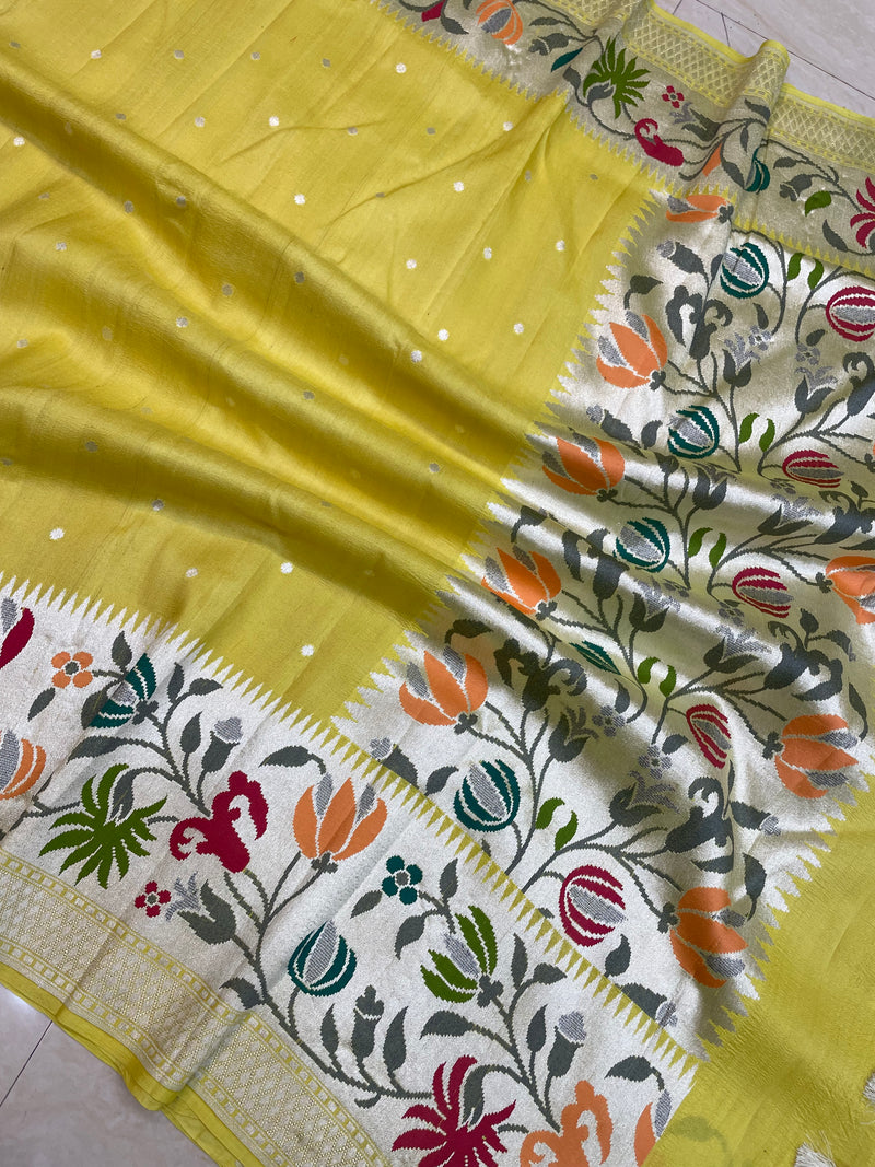 Tussar Georgette Handloom Banarasi Saree - Paithani Border - The Handlooms