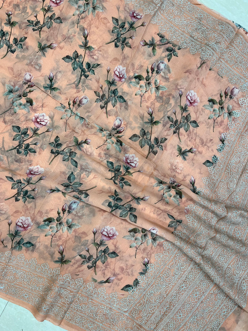 Pure Georgette  Digital Print with Chikankari Handloom Banarasi Saree - The Handlooms