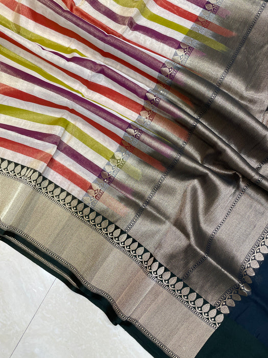 Pure Tissue Reshmi zari Stripe Banarasi Saree - The Handlooms