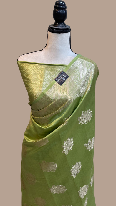 Pista Green Pure Chiniya Silk Banarasi Saree