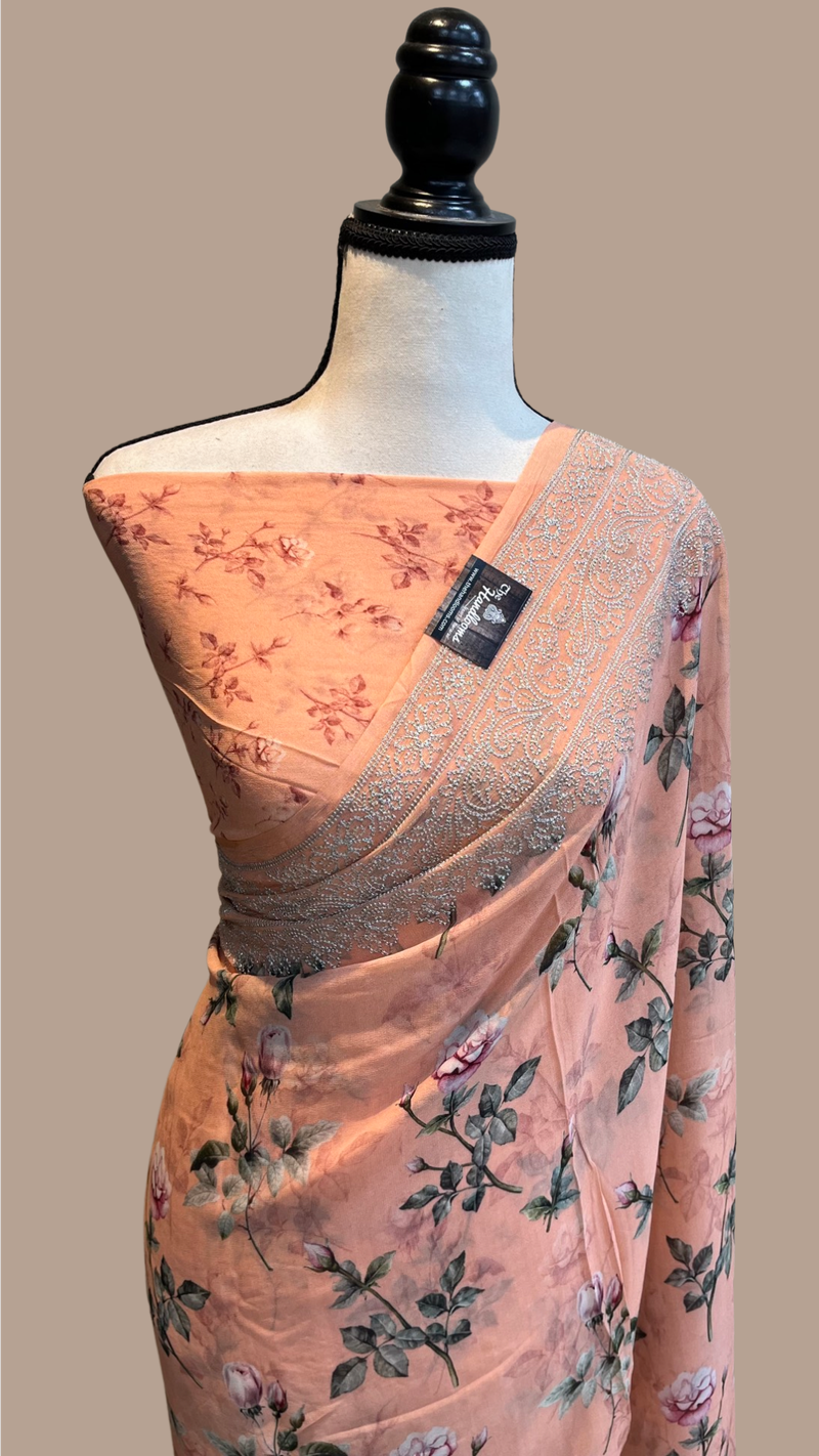 Pure Georgette  Digital Print with Chikankari Handloom Banarasi Saree - The Handlooms