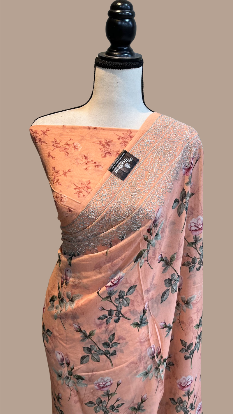 Pure Georgette  Digital Print with Chikankari Handloom Banarasi Saree - The Handlooms