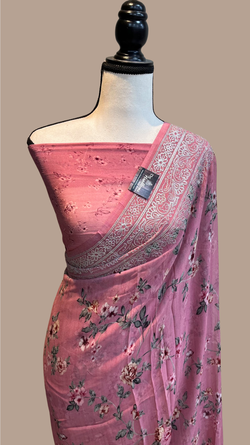 Pure Georgette  Digital Print with Chikankari Handloom Banarasi Saree - The Handlooms