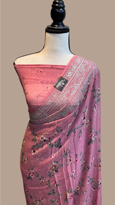 Pure Georgette  Digital Print with Chikankari Handloom Banarasi Saree