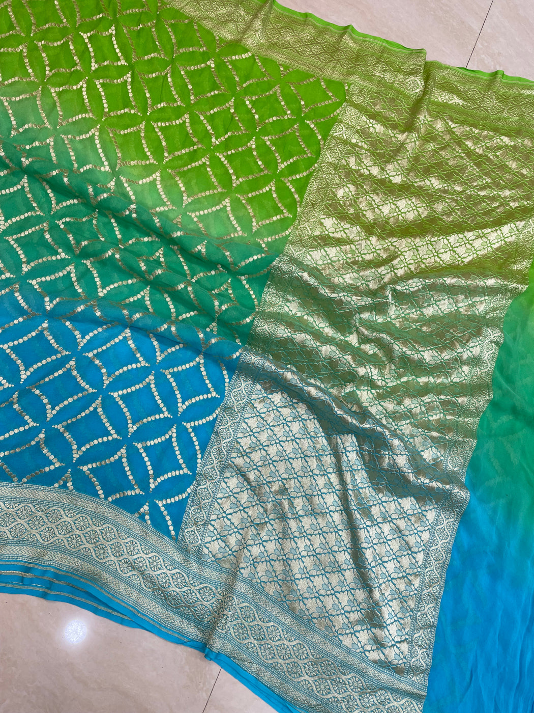Exclusive Lime Green Pure Khaddi Georgette Banarasi Saree