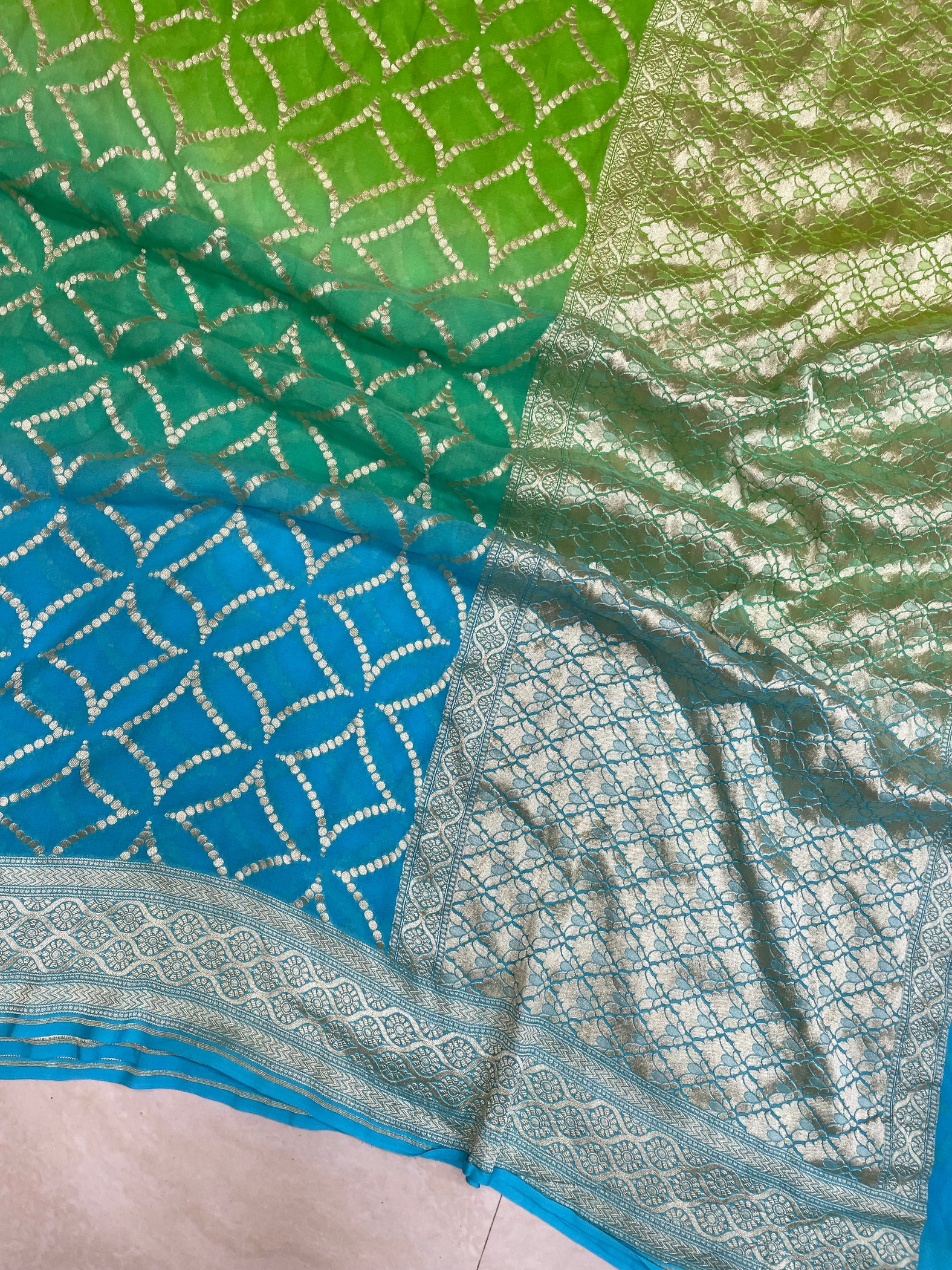 Green Pure Khaddi Georgette Handloom Banarasi Saree main image 1