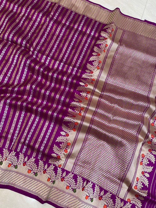 Pure Katan Silk Banarasi Handloom Saree - All over soona roopa  Kadua  stripe