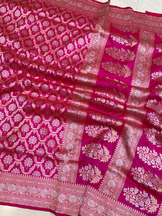 Pure Katan Silk Banarasi Handloom Saree - All over Sona Roopa Jaal work - The Handlooms