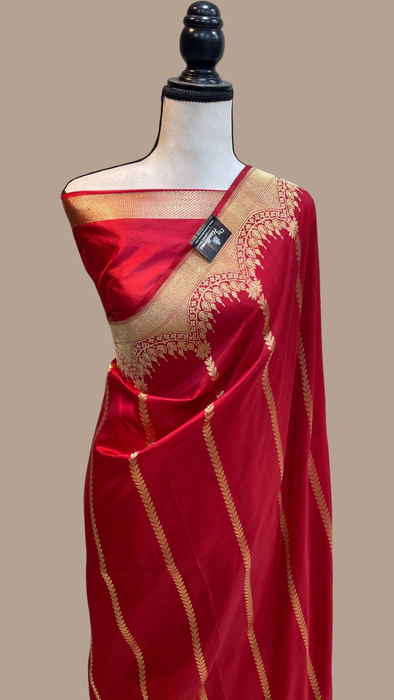 Red Pure Katan Silk Banarasi Handloom Saree - All over Kadua work