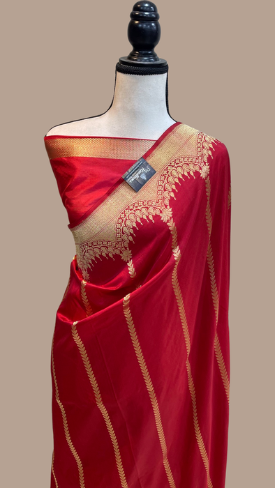 Red Pure Katan Silk Banarasi Handloom Saree - All over Kadua work