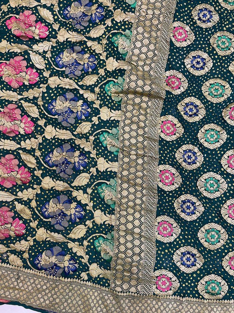 Pure Georgette Banarasi Bandhej Handloom Saree - with meenakari work - The Handlooms