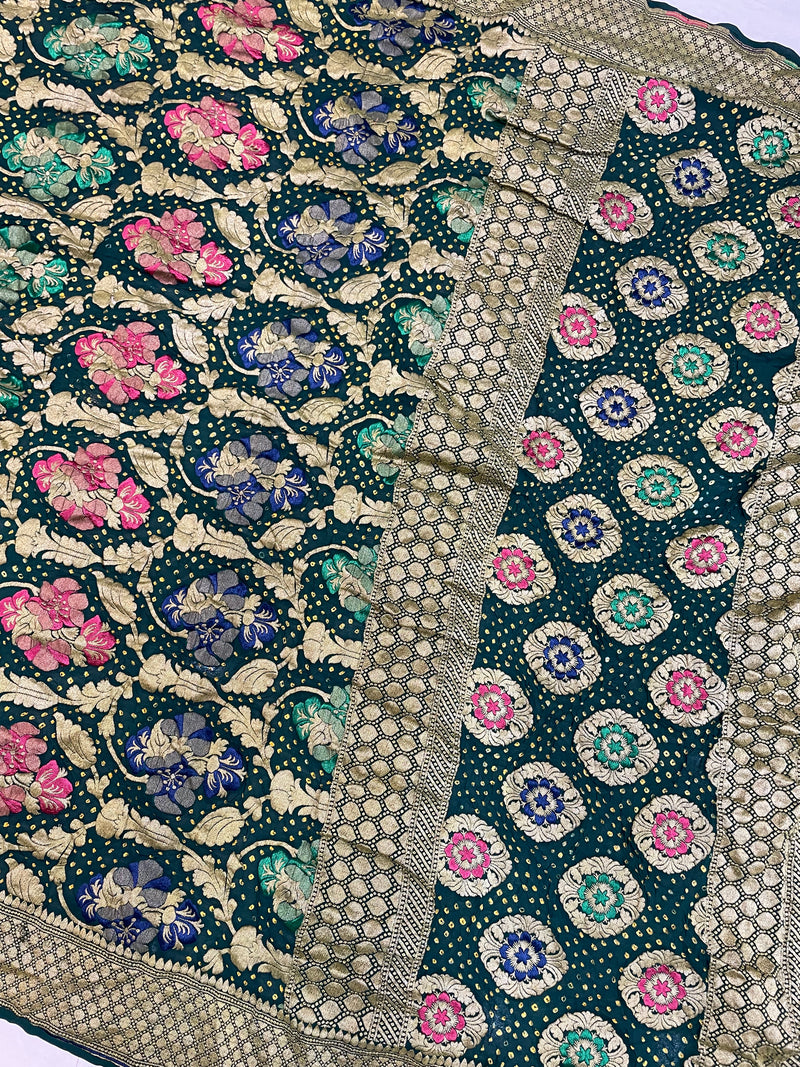 Pure Georgette Banarasi Bandhej Handloom Saree - with meenakari work - The Handlooms