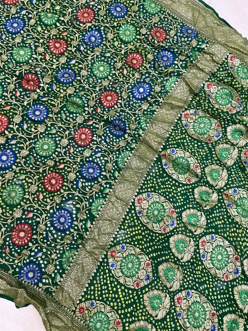 Pure Georgette Banarasi Bandhej Handloom Saree - with meenakari work - The Handlooms