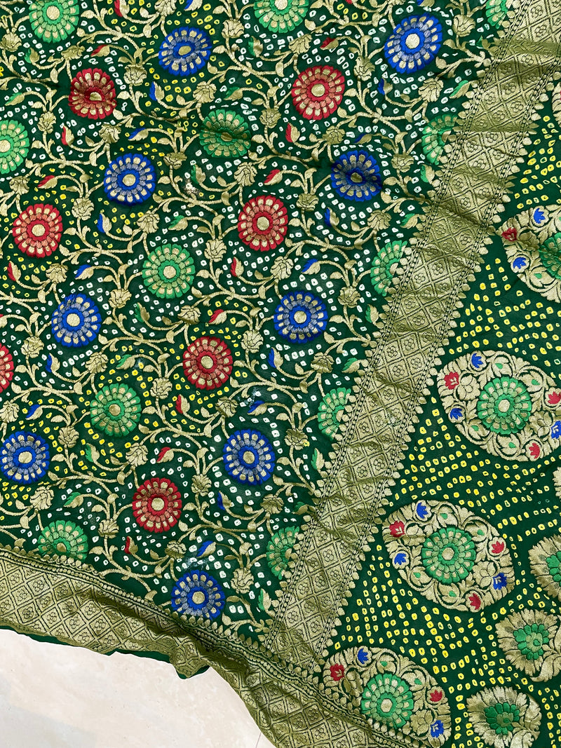 Pure Georgette Banarasi Bandhej Handloom Saree - with meenakari work - The Handlooms